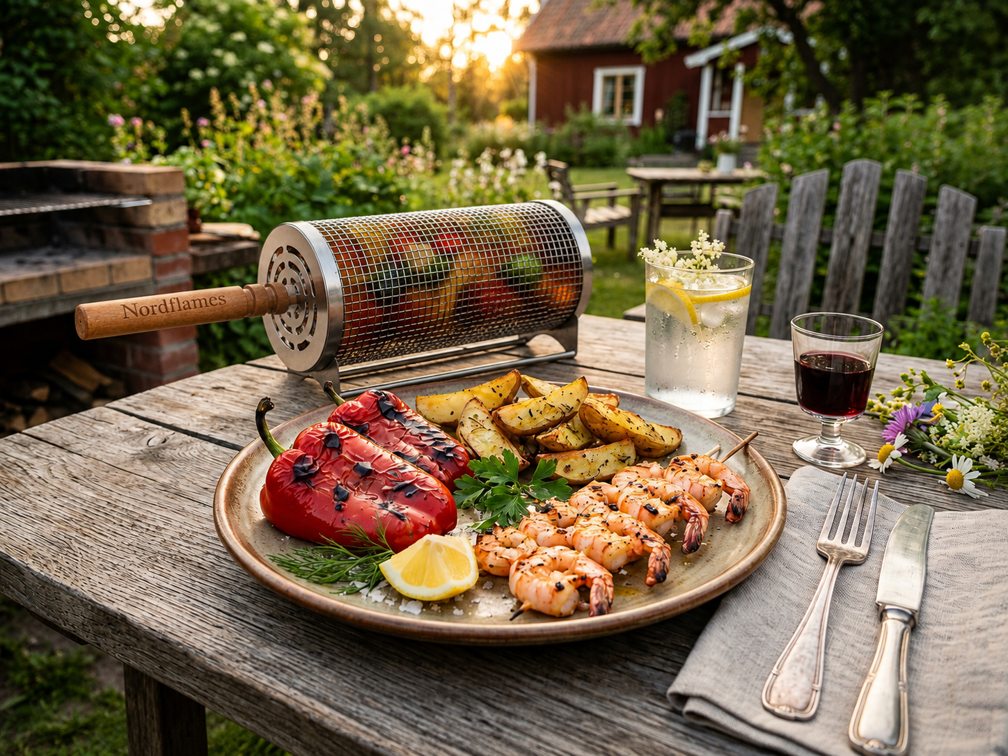 Aptitliga grillade grönsaker och potatis på ett svenskt trädgårdsbord under en magisk midsommarkväll